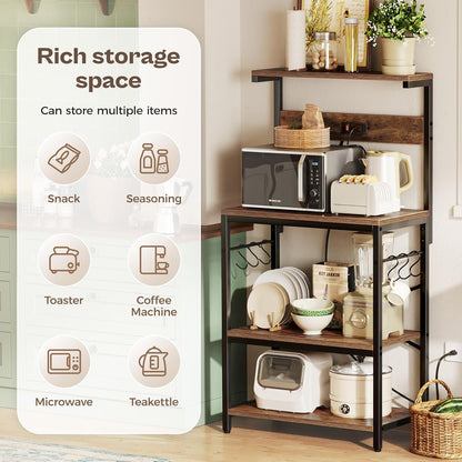 ChatGPT said:  Kitchen Baker’s Rack with Power Outlet – 4-Tier Coffee Bar & Microwave Stand with Hooks, Rustic Brown