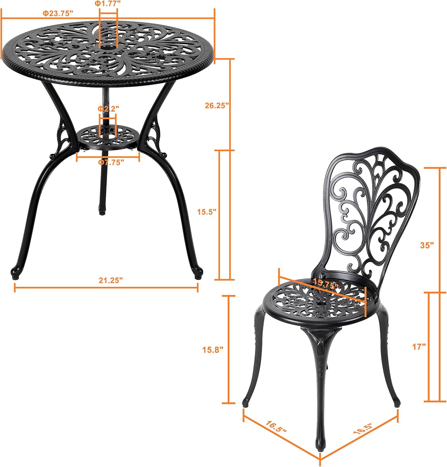 3-Piece Cast Aluminum Bistro Set with Table and Chairs, Outdoor Patio Furniture with Umbrella Hole, Black