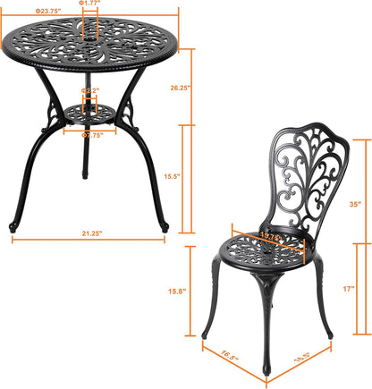 3-Piece Cast Aluminum Bistro Set with Table and Chairs, Outdoor Patio Furniture with Umbrella Hole, Black
