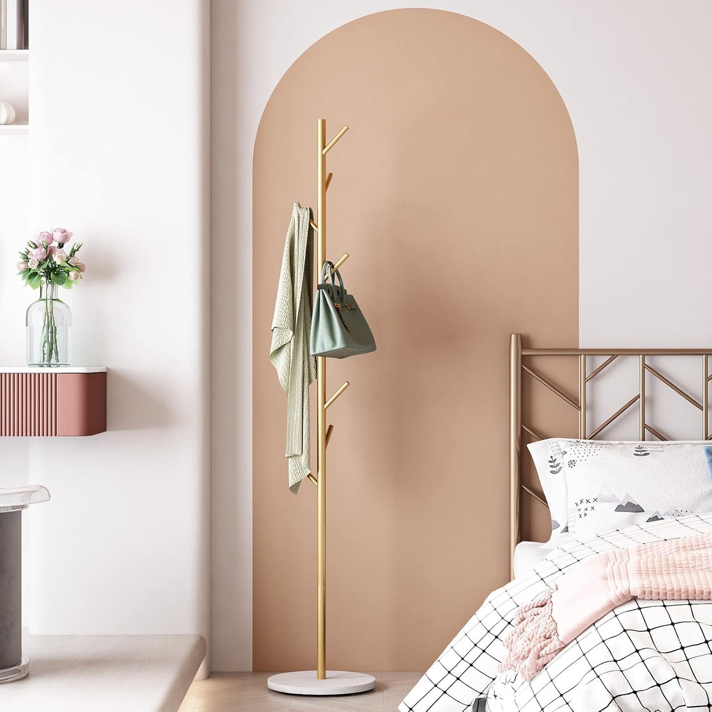 Gold Metal Coat Rack with Marble Base – Freestanding Entryway Stand with Hooks for Clothes, Hats & Bags
