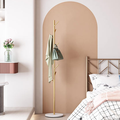 Gold Metal Coat Rack with Marble Base – Freestanding Entryway Stand with Hooks for Clothes, Hats & Bags