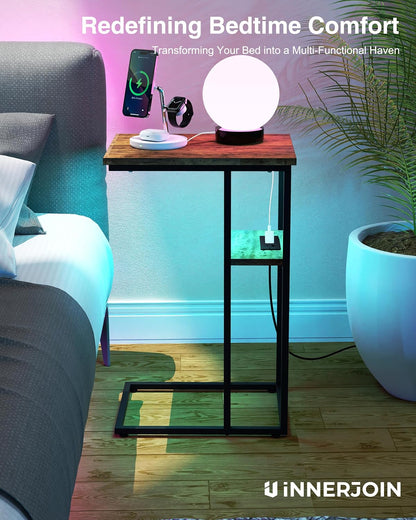 Side Table Set of 2, C-Shaped End Tables with USB Charging & LED Light, Small Sofa Laptop & Snack Tables, Rustic Brown