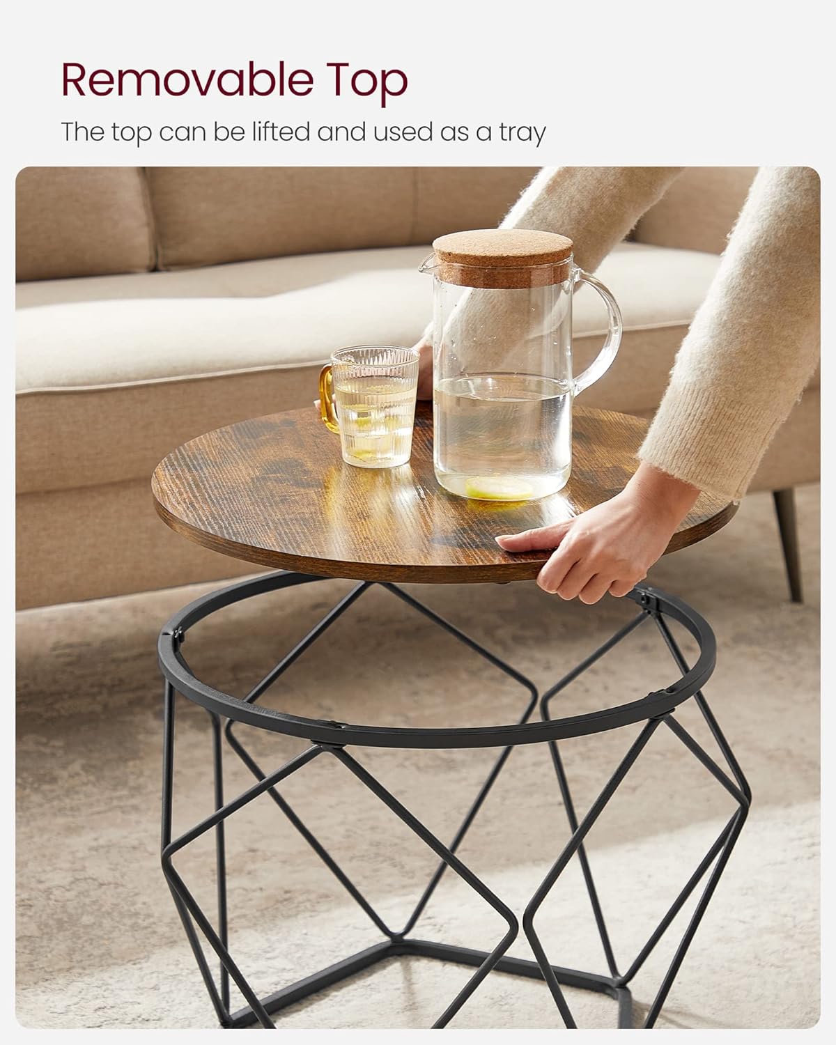 Round Coffee Table Set of 2 with Steel Frame, Side End Tables for Living Room, Bedroom, Office, Rustic Brown and Black