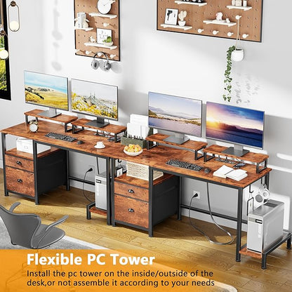 Home Office Desk with Monitor Stands, Drawer & Shelves, Rustic Broen