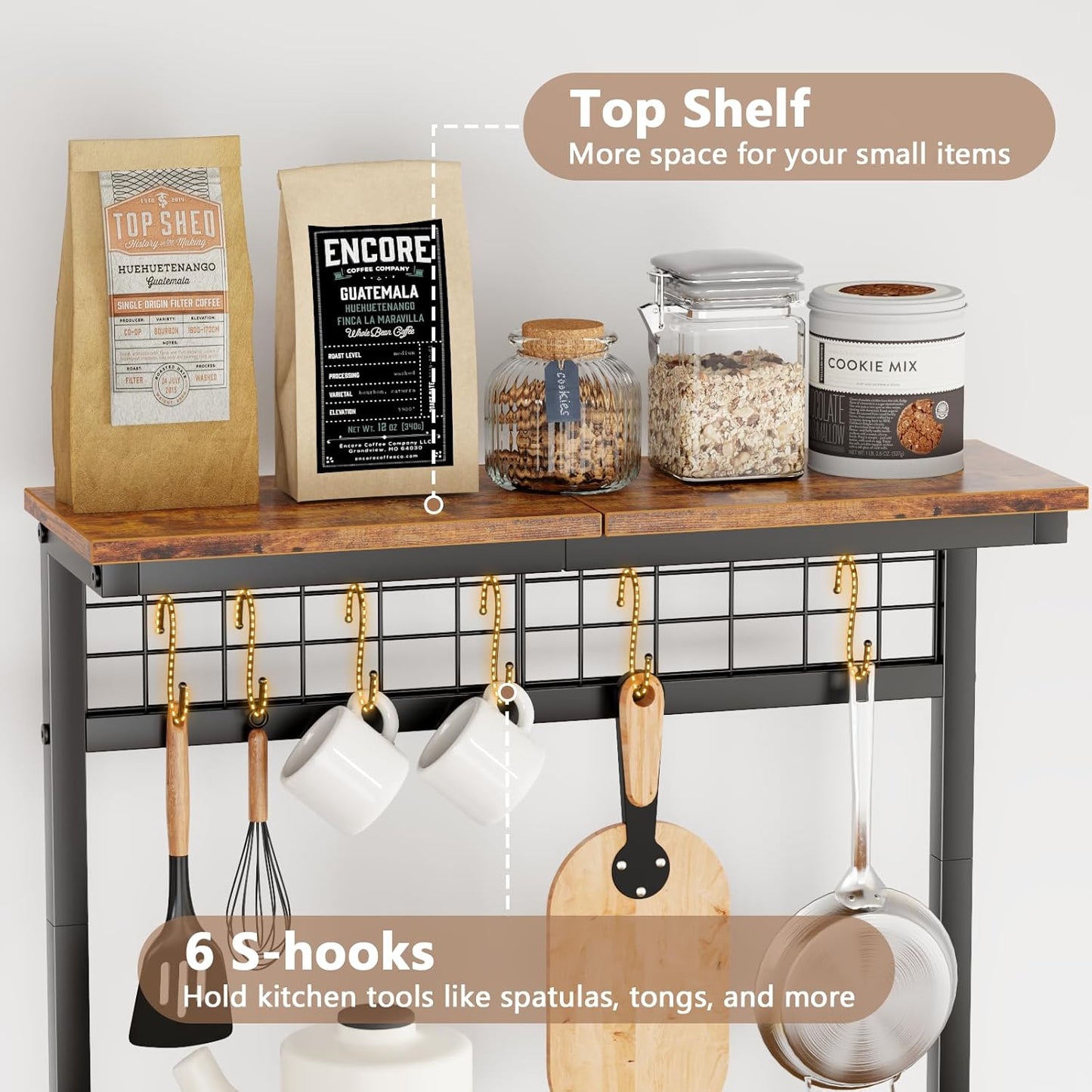 Kitchen Bakers Rack with Power Outlet, 4-Tier Microwave Stand with Storage, Coffee Bar Table with Hooks – Rustic Brown