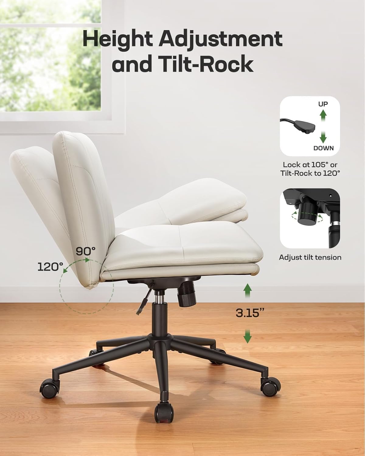Armless PU Leather Office Chair with Wheels – Light Beige