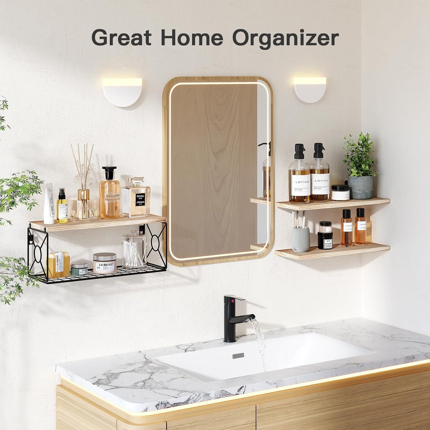 Over Toilet Bathroom Shelf with Storage Basket, Floating Wall Shelves for Home, Kitchen, Living Room – Natural Wood