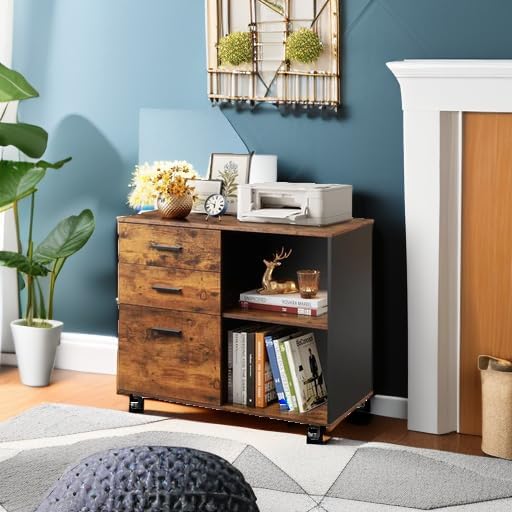 3 Drawer Mobile File Cabinet with Shelves, Wood Lateral Filing Cabinet and Printer Stand for Home Office, Rustic Brown