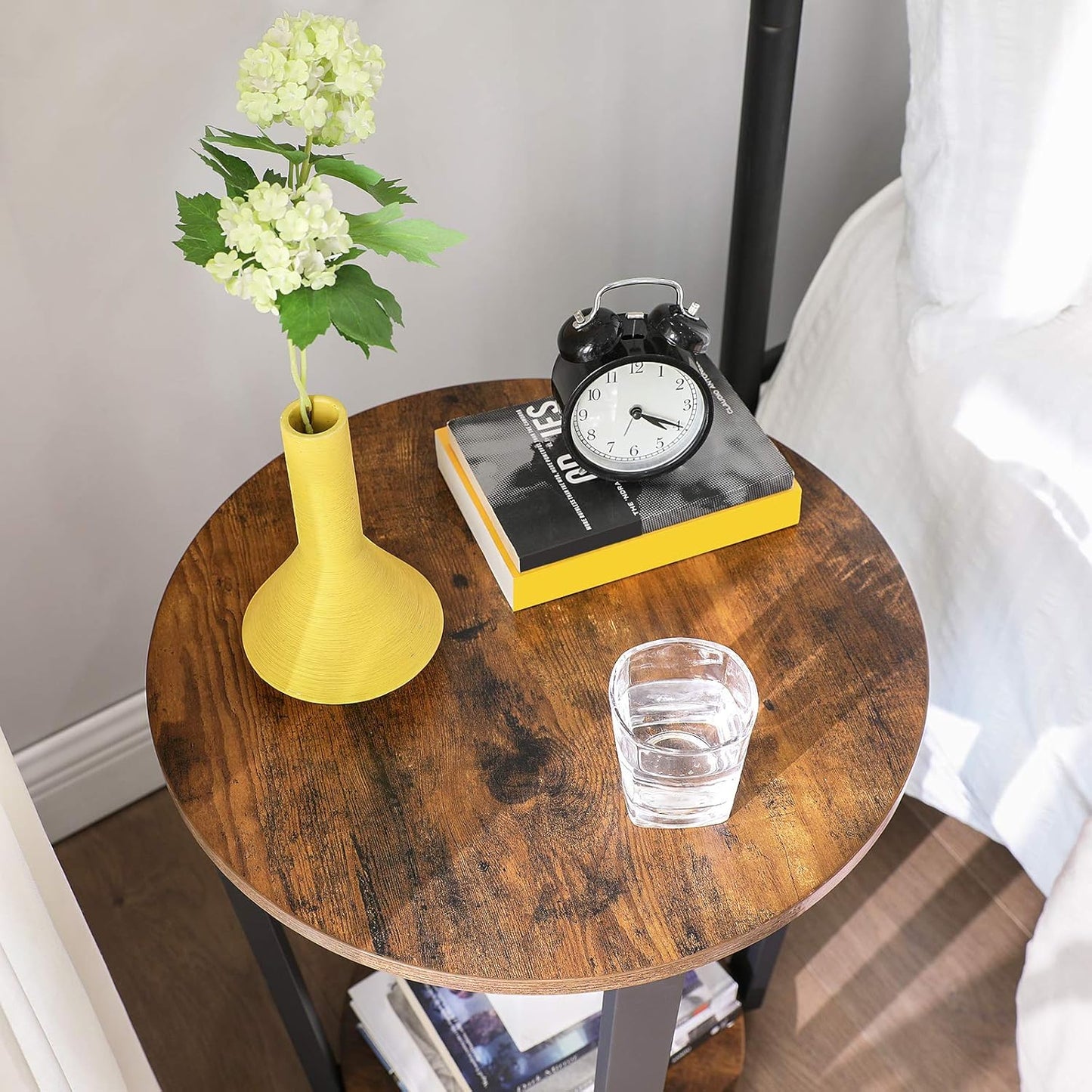 Round End Table with Storage Shelf, Rustic Brown and Black