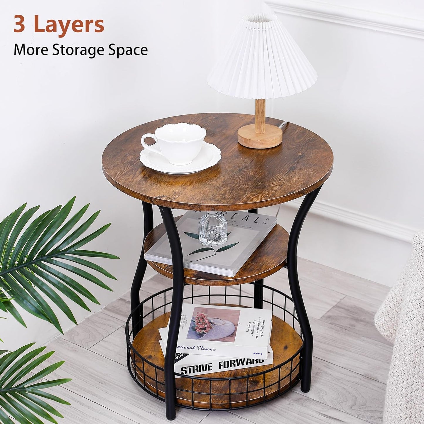 Round 3-Tier Side Table with Storage Shelves, Rustic Brown