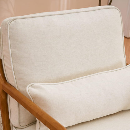 Mid-Century Modern Accent Chair with Pillow, Linen Upholstered Armchair with Solid Wood Frame – Beige