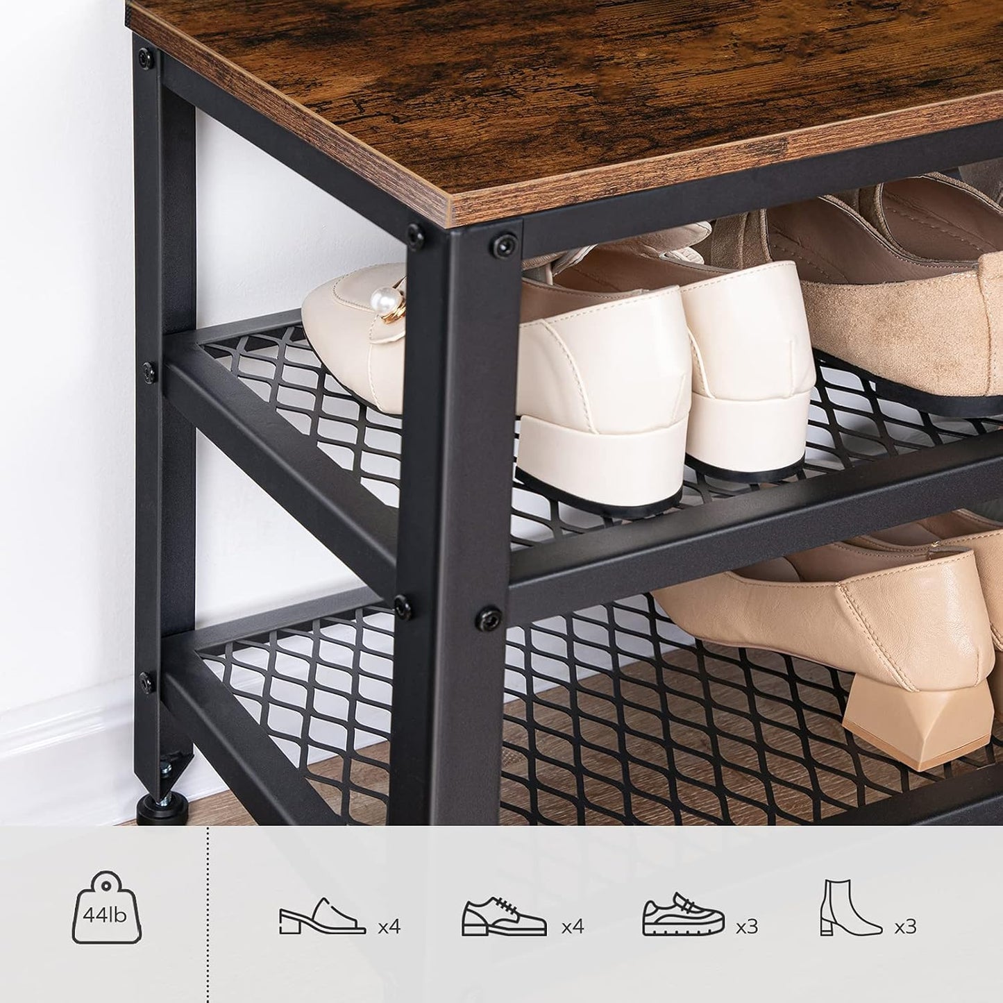 Hall Tree with Storage Bench, Coat Rack and Shoe Organizer, Rustic Brown/Black