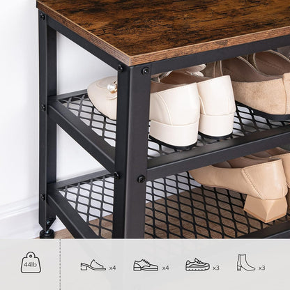 Hall Tree with Storage Bench, Coat Rack and Shoe Organizer, Rustic Brown/Black