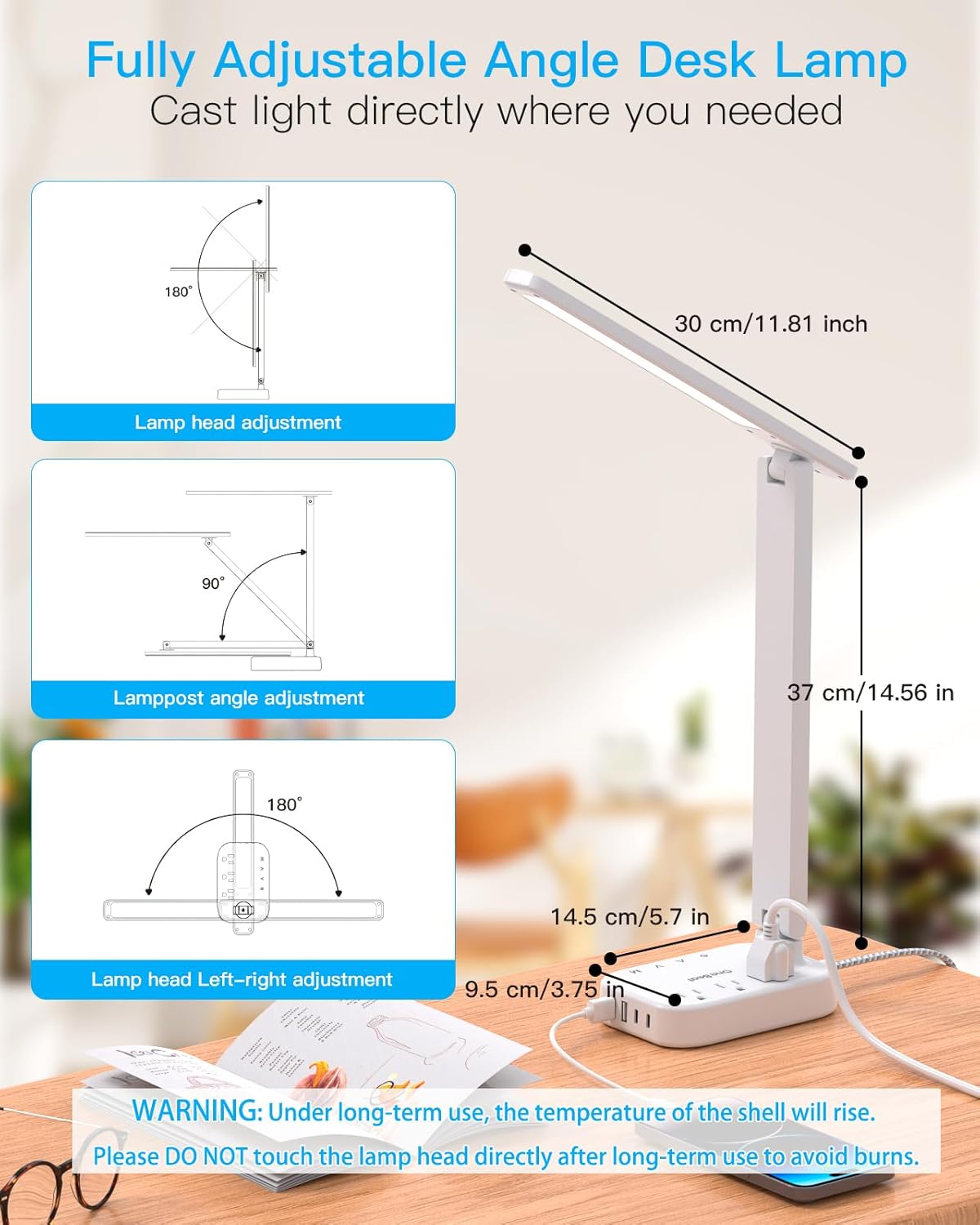 LED Desk Lamp with Power Strip, 5ft Cord, 3 Outlets, 4 USB Ports, Touch Control, Adjustable Light, White
