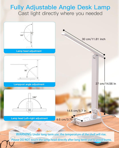 LED Desk Lamp with Power Strip, 5ft Cord, 3 Outlets, 4 USB Ports, Touch Control, Adjustable Light, White