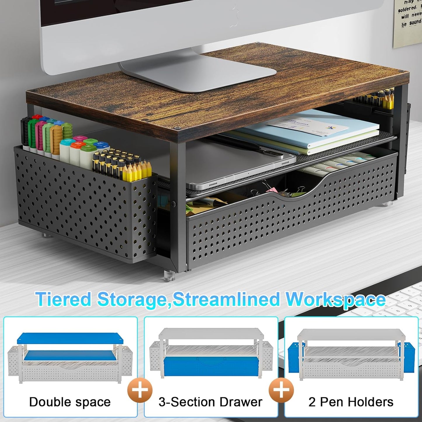 Wood Monitor Stand Riser with Drawer and Pen Holder – 2-Tier Desk Organizer Shelf for Computer, Laptop, and Office Supplies