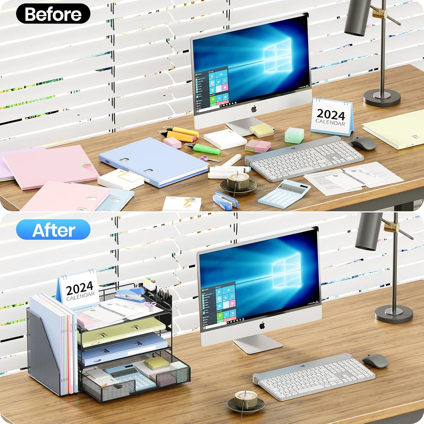 4-Tier Desktop File Organizer with Drawer and Pen Holders – Desk Organizer for Office Supplies (Black)