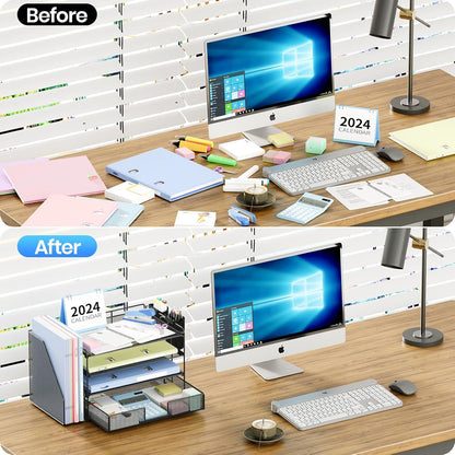 4-Tier Desktop File Organizer with Drawer and Pen Holders – Desk Organizer for Office Supplies (Black)