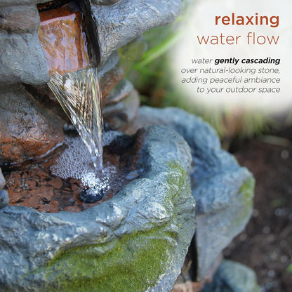3-Tier Rock Waterfall Fountain with LED Lights – 22" Outdoor Garden & Patio Decor, Gray