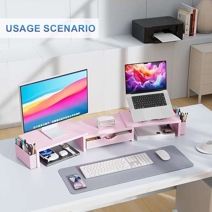 Dual Monitor Stand Riser with Drawer and Pen Holders, Pink Desk Organizer