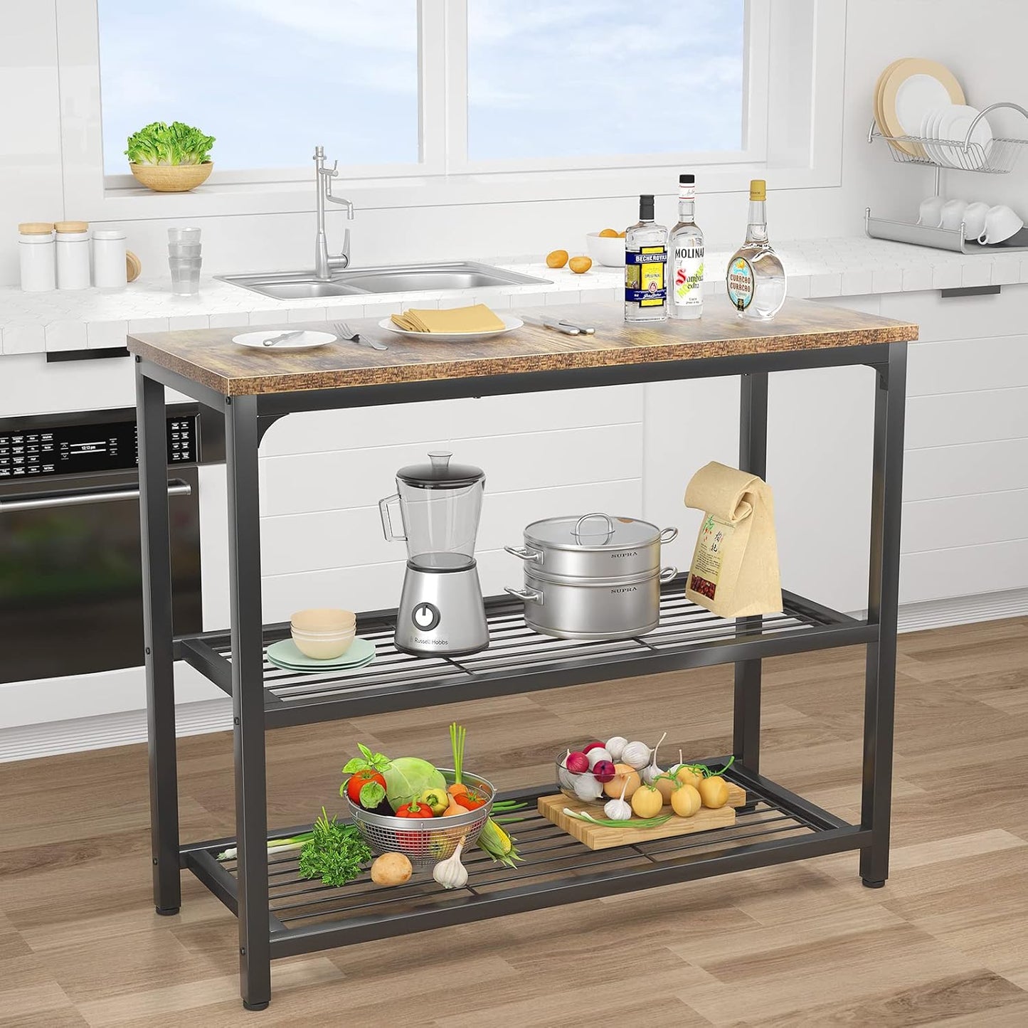 32" Industrial Console Table with Double Mesh Shelves for Entryway & Living Room