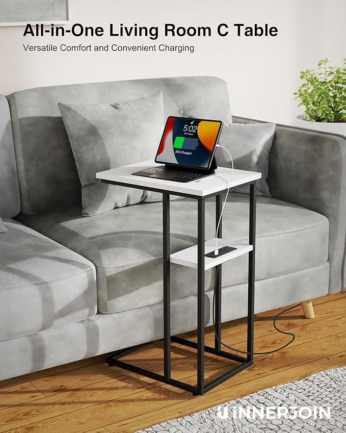 Side Table Set of 2, C-Shaped End Tables with USB Charging & LED Light, Small Sofa Laptop & Snack Tables, White
