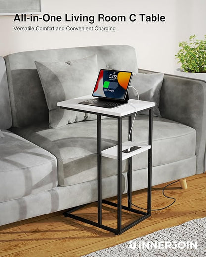 Side Table Set of 2, C-Shaped End Tables with USB Charging & LED Light, Small Sofa Laptop & Snack Tables, White