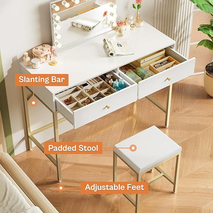 35.4" White and Gold Desk with 2 Drawers and Stool, Modern Vanity or Small Computer Desk