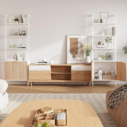 74" Ladder Bookshelf with Storage Cabinet, Wood & Metal Frame, Open Display Shelf, White and Oak