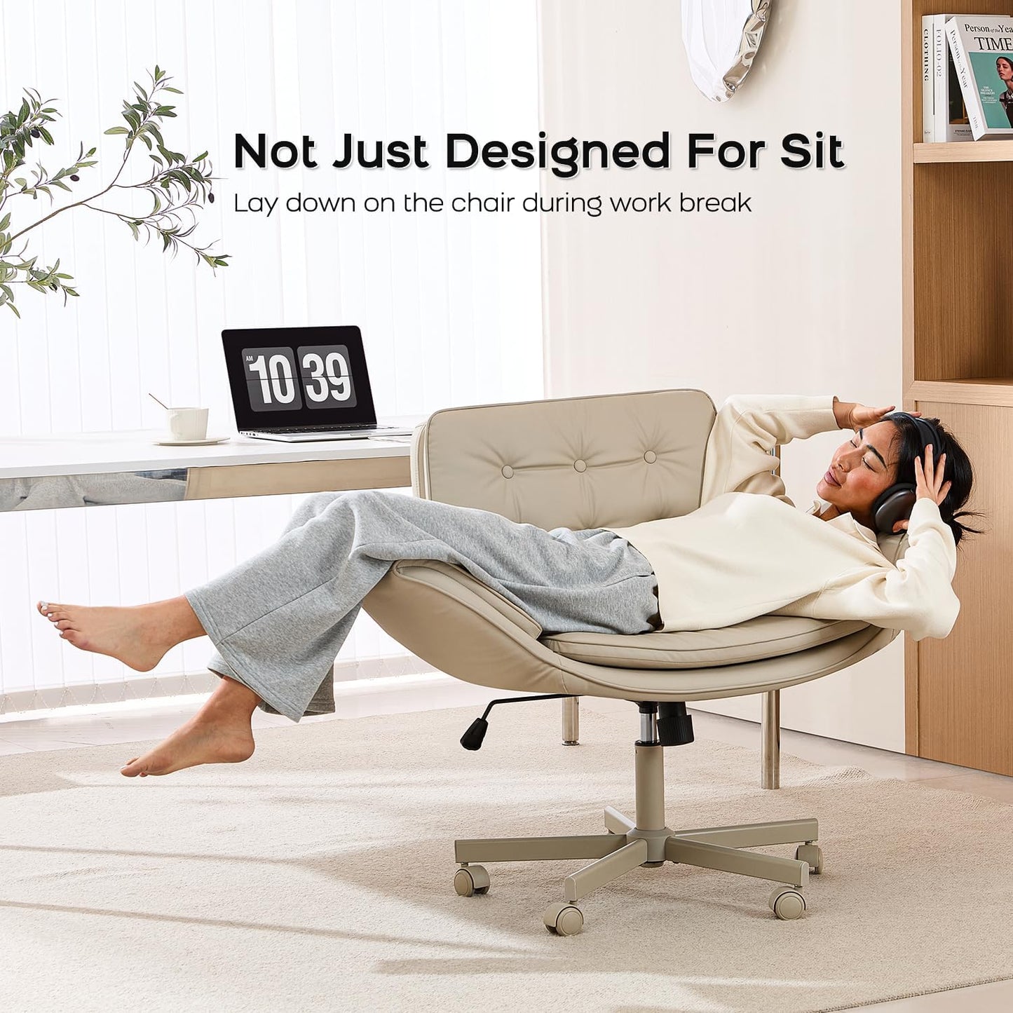 ChatGPT said:  Adjustable Swivel Desk Chair with Armrests & Wheels – PU Leather Vanity Office Chair, Cream White