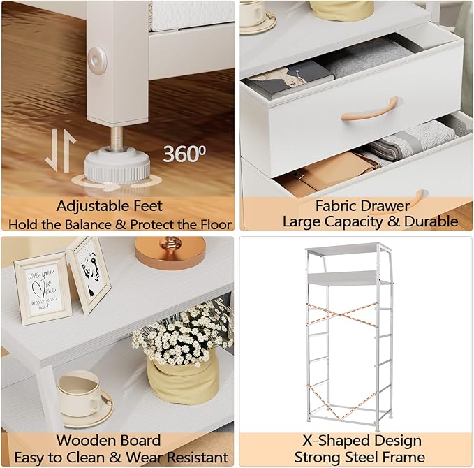 White 5-Drawer Fabric Dresser with Wood Top and Steel Frame, Vertical Storage Tower for Bedroom and Closet