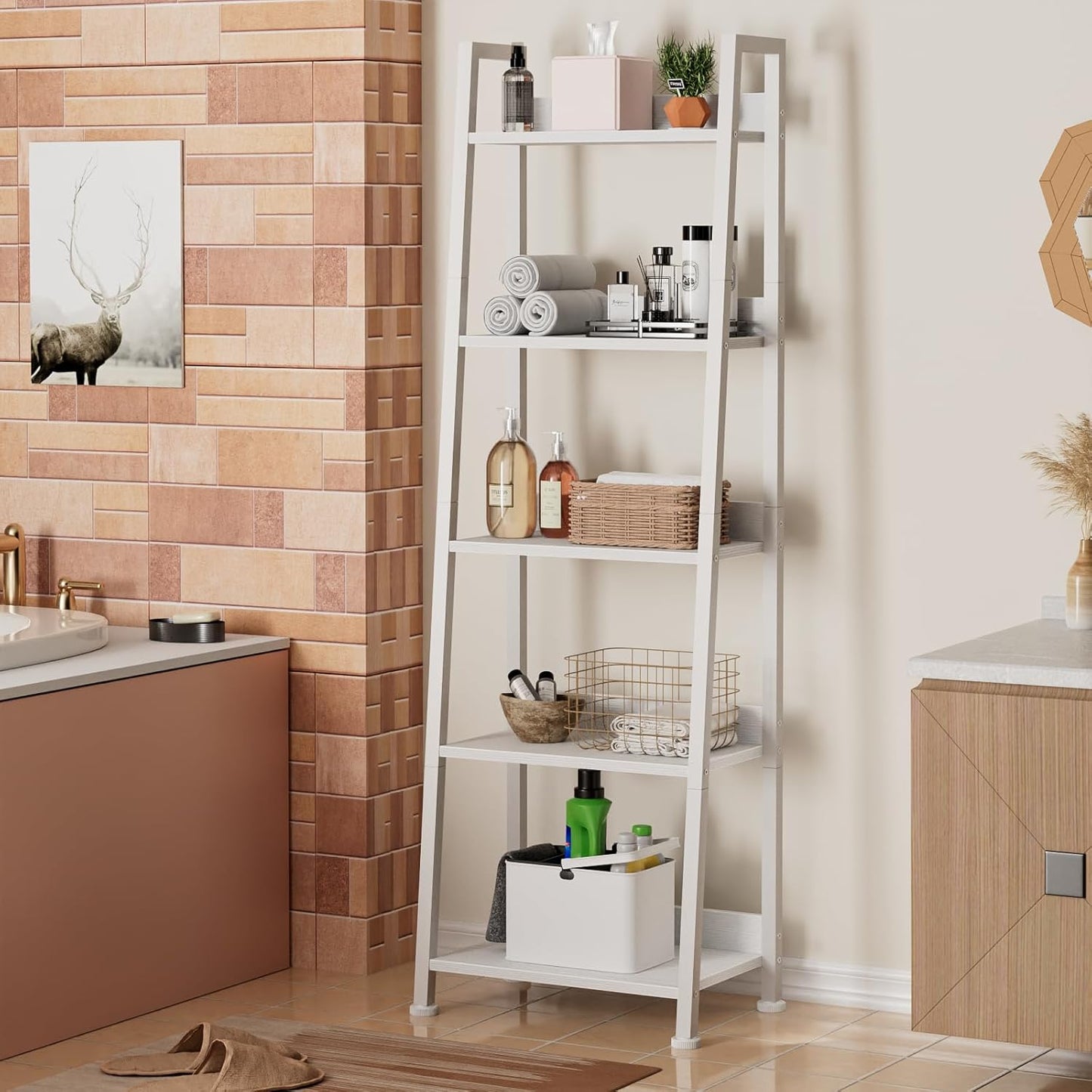 5-Tier Ladder Shelf with Drawer, Tall Narrow Bookshelf Storage Rack for Living Room, Bedroom, Home Office – White