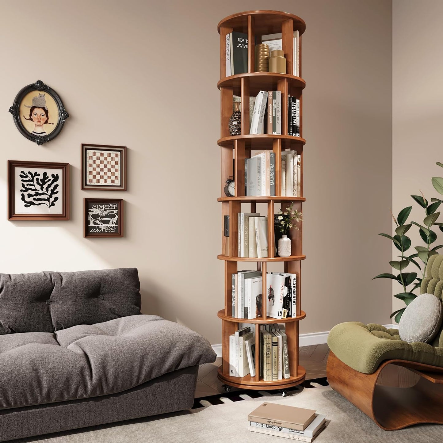 6-Tier Rotating Bookshelf with Wheels, Space-Saving Wooden Bookcase Tower