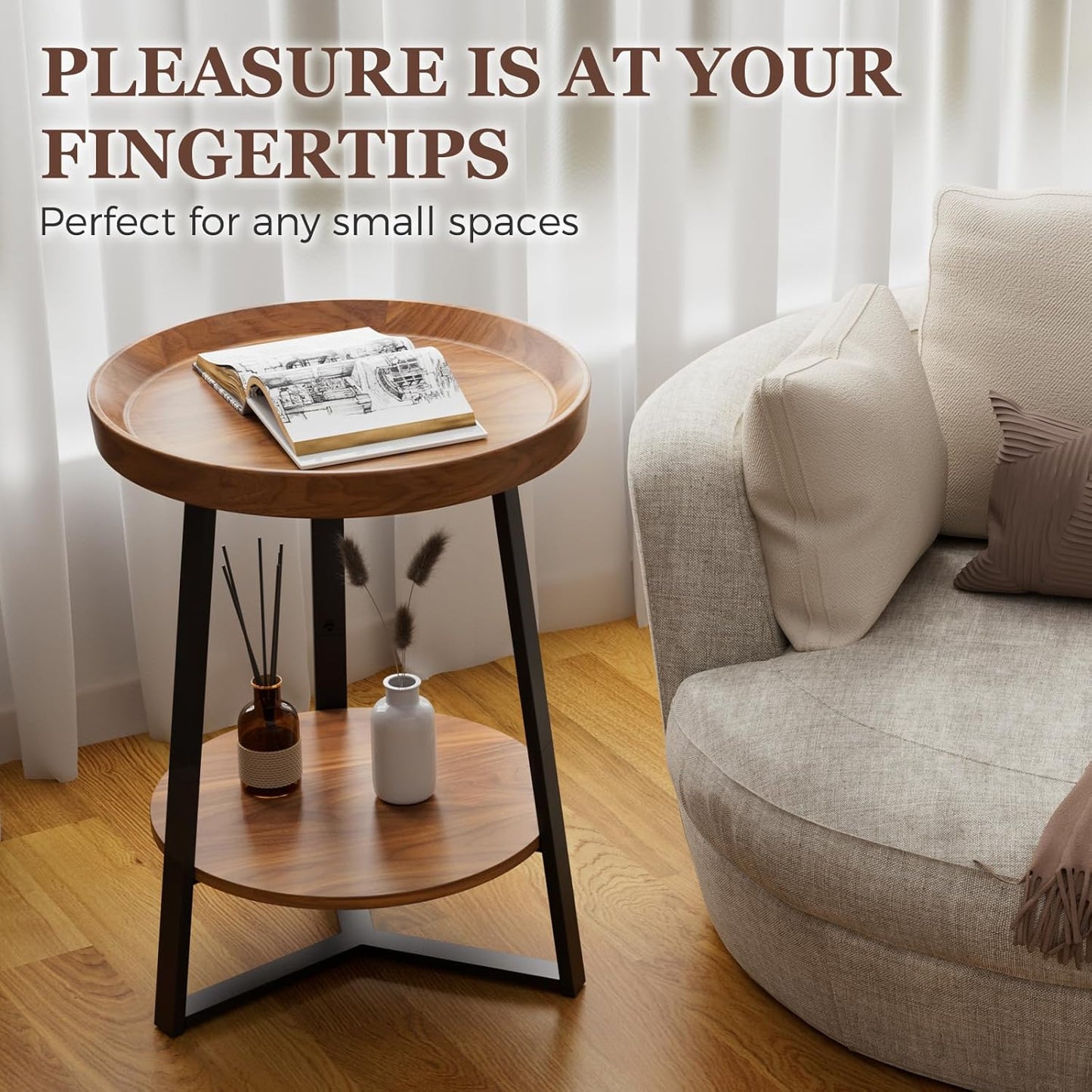 Round End Table with Storage Shelf – 2-Tier Farmhouse Side Table for Living Room & Bedroom, Brown