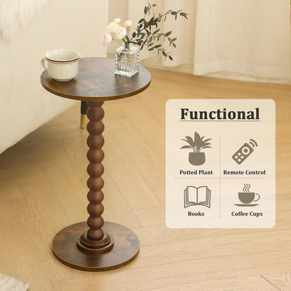 Round Side Table with Wood Legs – Small Accent Nightstand for Living Room, Bedroom, or Office (Rustic Brown)