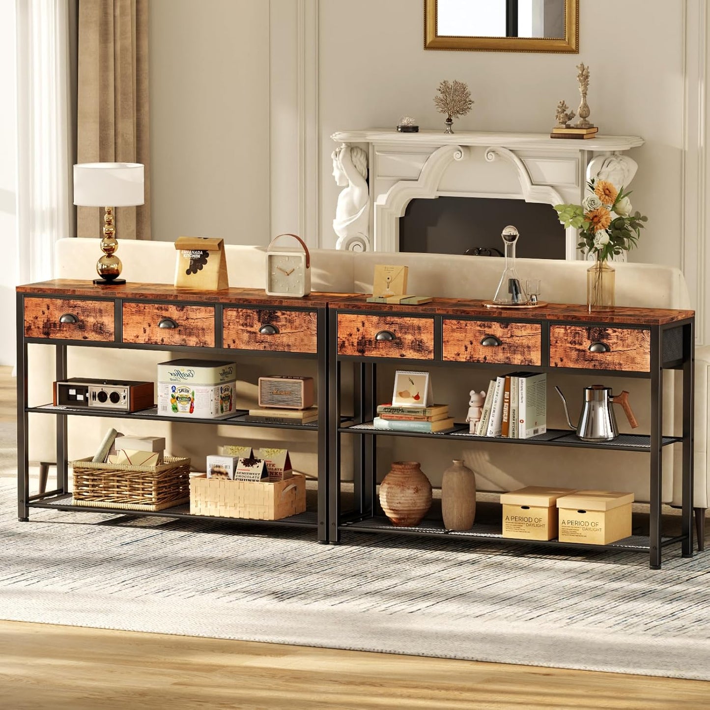 Console Table with 3 Drawers and Storage Shelves, Rustic Brown Entryway Table for Living Room or Hallway