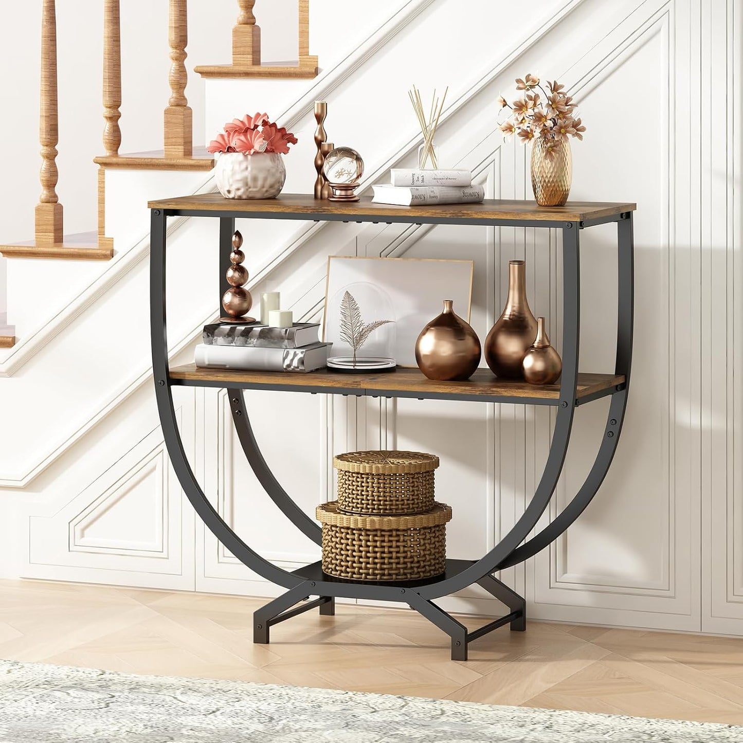 3-Tier Console Table, 30" Entryway & Sofa Table with Storage, Industrial Rustic Brown