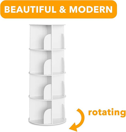 4-Tier Rotating Bookshelf Tower, 360° Spinning Bookcase Carousel Organizer – White