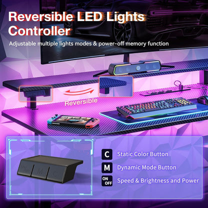 32" Gaming Desk with LED Lights, Power Outlets & Monitor Shelf, Carbon Fiber Texture