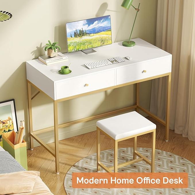 35.4" White and Gold Desk with 2 Drawers and Stool, Modern Vanity or Small Computer Desk