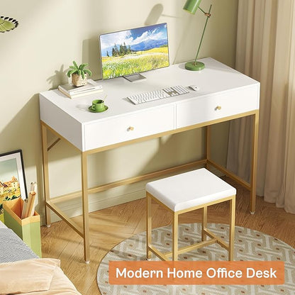 35.4" White and Gold Desk with 2 Drawers and Stool, Modern Vanity or Small Computer Desk