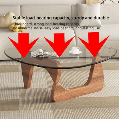 Modern Glass Coffee Table, Round Abstract Tea Table with Walnut Base for Living Room