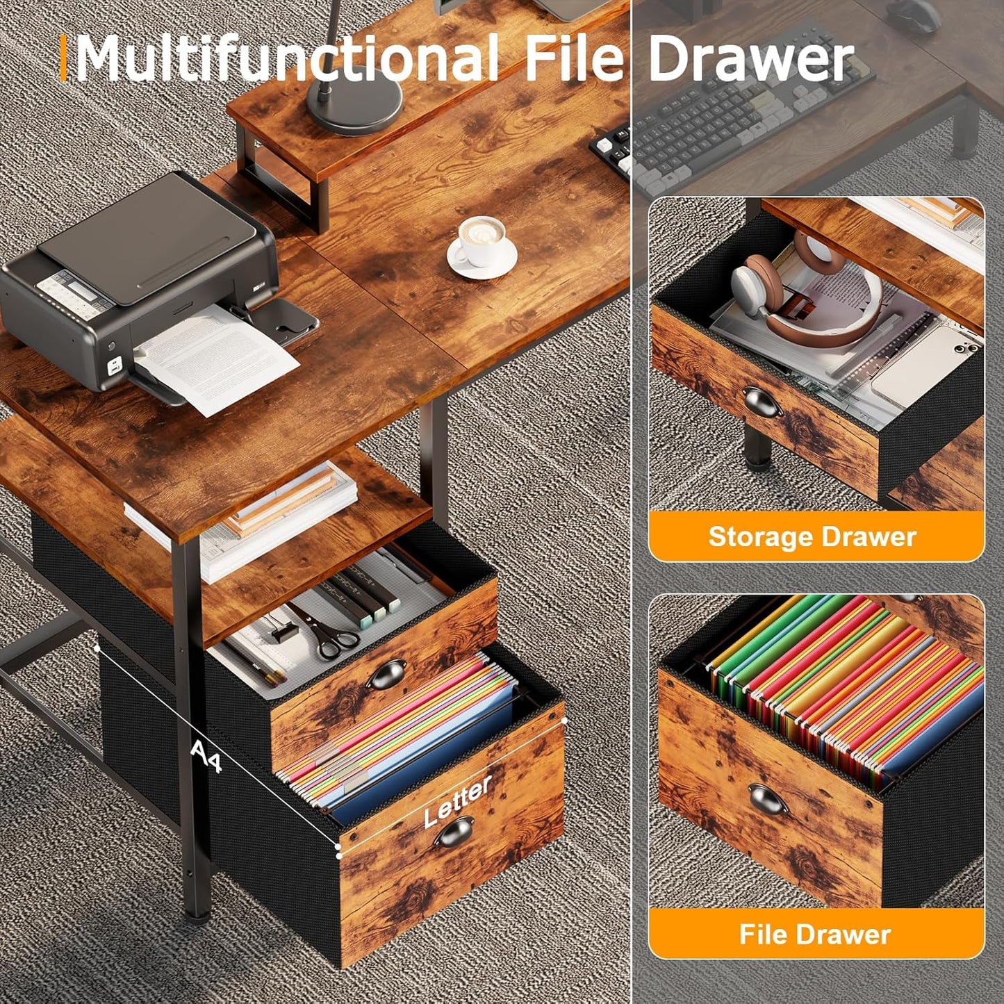 L-Shaped Computer Desk with Power Outlet, File Drawer, Monitor Stands & Storage Shelves for Home Office or Gaming