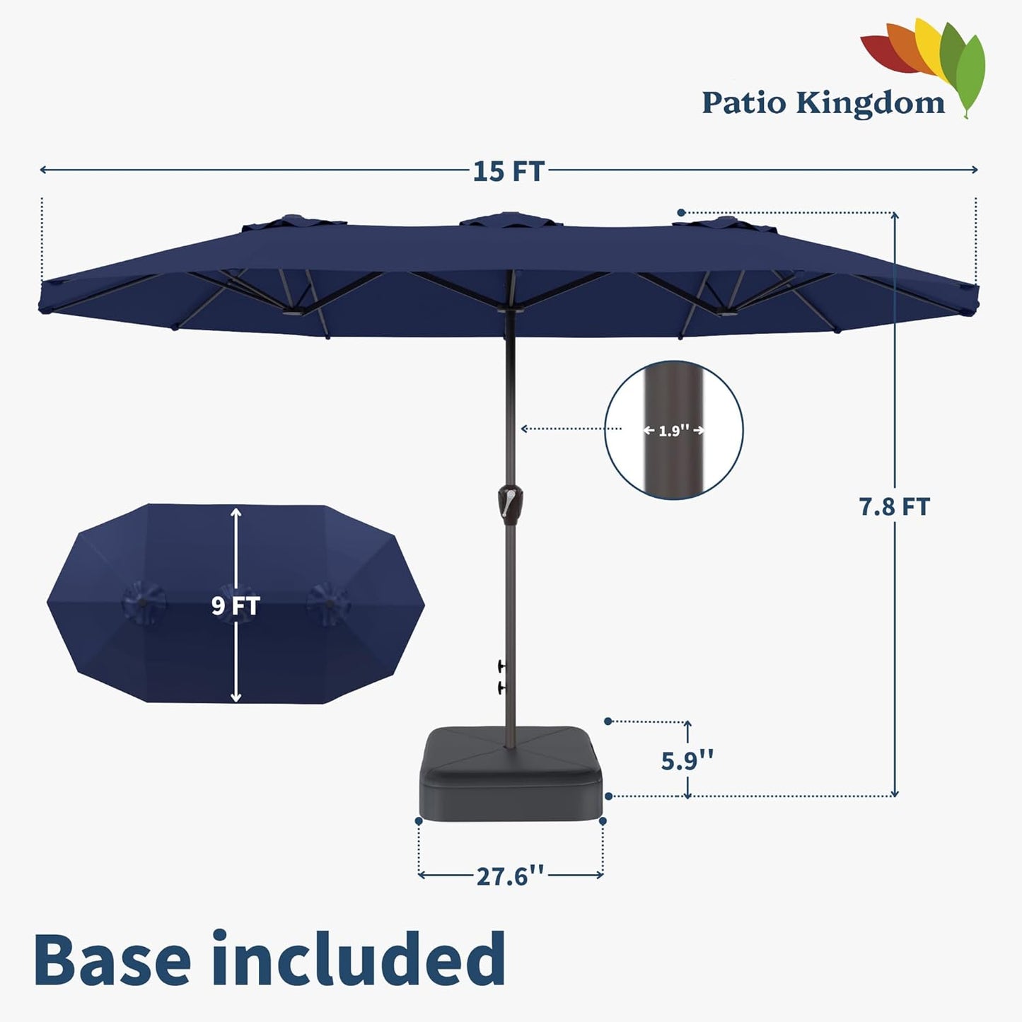 15FT Double-Sided Patio Umbrella with Base – Large Outdoor Market Canopy with Crank Handle, UV Resistant, Navy Blue