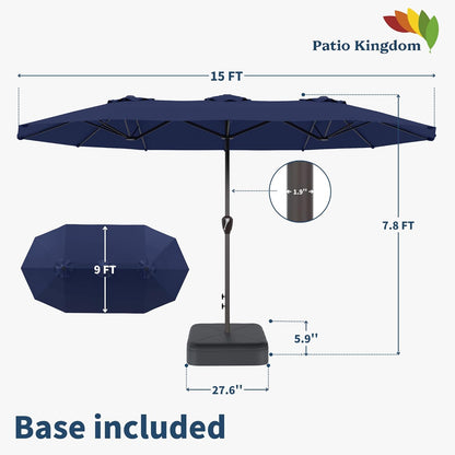 15FT Double-Sided Patio Umbrella with Base – Large Outdoor Market Canopy with Crank Handle, UV Resistant, Navy Blue