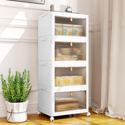 Stackable 4-Tier Storage Bins with Lids and Wheels, Foldable Plastic Containers for Home & Office