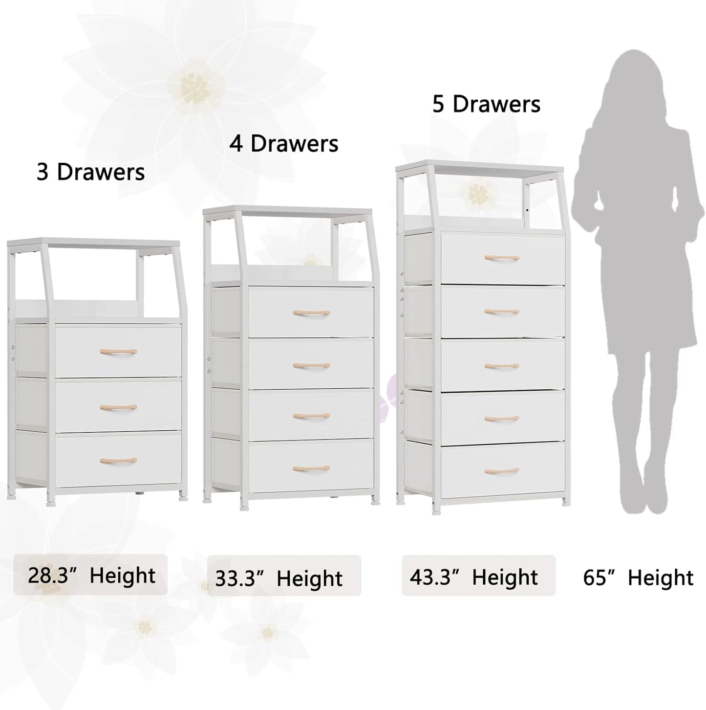 White 5-Drawer Fabric Dresser with Wood Top and Steel Frame, Vertical Storage Tower for Bedroom and Closet