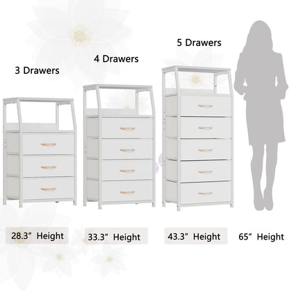 White 5-Drawer Fabric Dresser with Wood Top and Steel Frame, Vertical Storage Tower for Bedroom and Closet