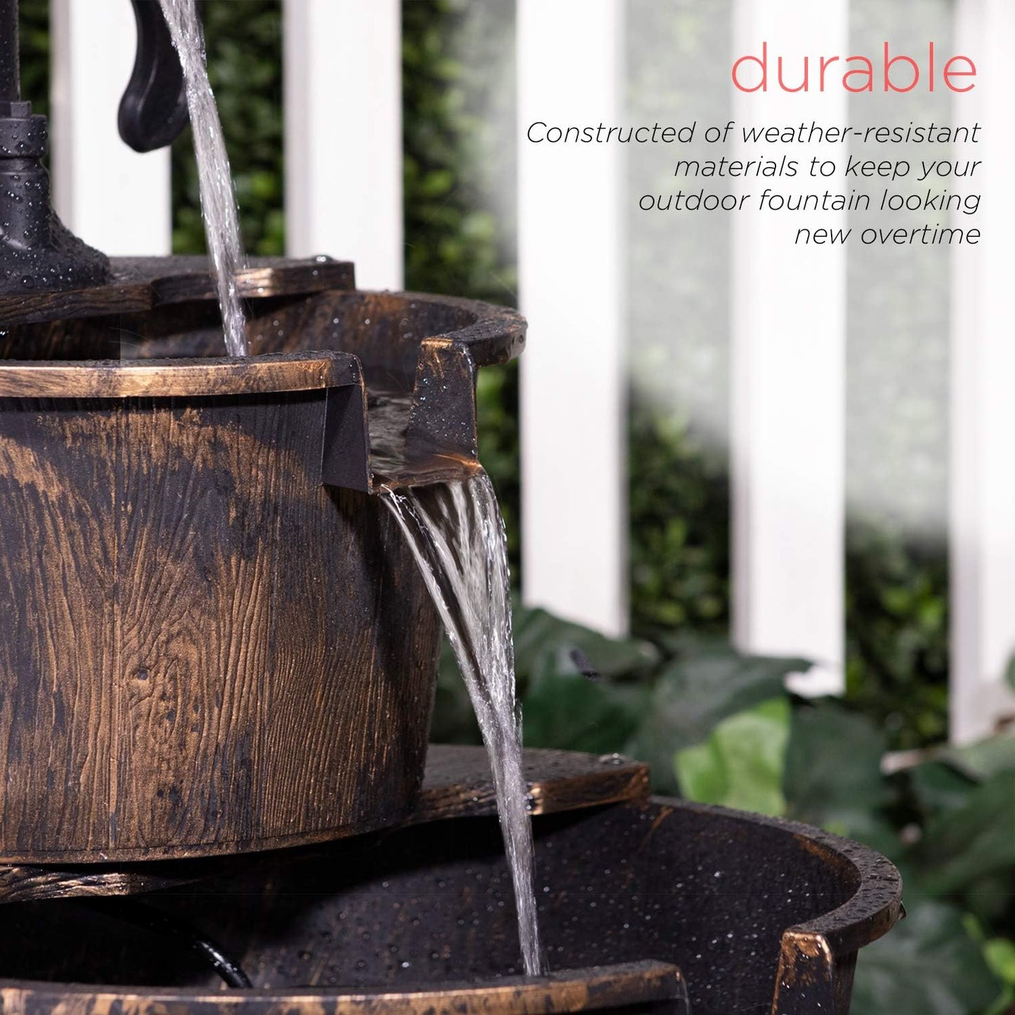 Outdoor Rustic 2-Tier Barrel Water Fountain with Pump, Bronze Finish, 27"