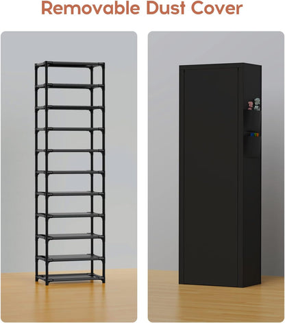 10-Tier Vertical Shoe Rack with Dust Cover – Tall Narrow Closet Organizer, Black